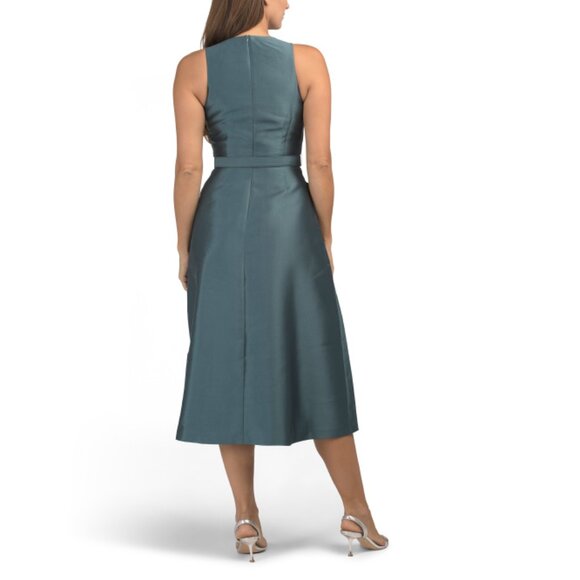 KAY UNGER Cyan Sleeveless Mikado Tea-length Dress With Belt - Picture 2 of 2